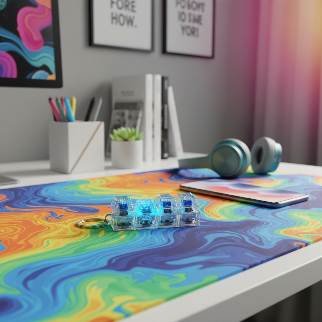 Fidget Keyboard Keychain in vibrant creative workspace